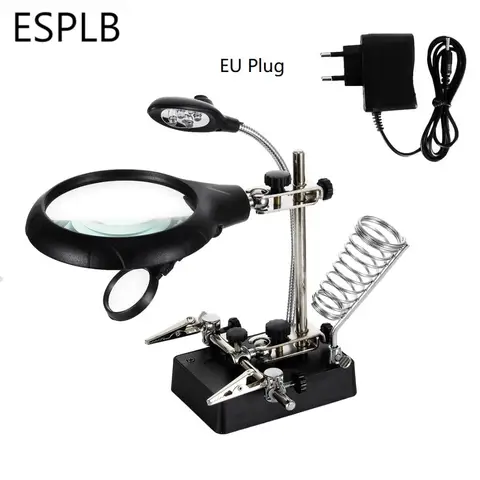ESPLB Helping Hands Third Hand Soldering Iron Welding Stand Station with 5 LED Clip Welding Magnifier Magnifying Glass
