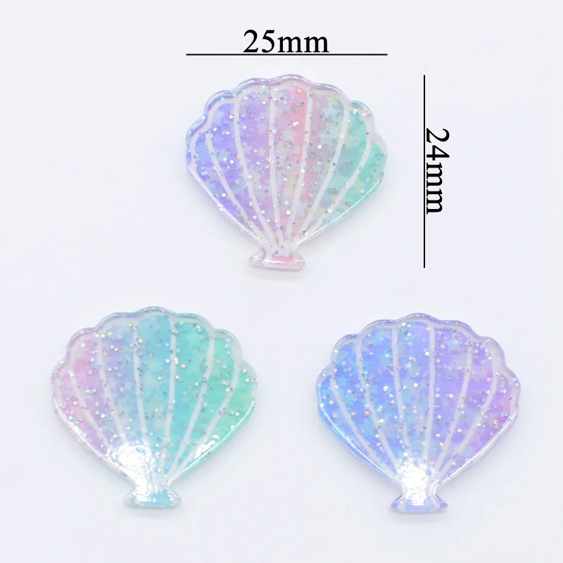 10Pcs 25*24mm Bling Rainbow Shell Resin Ocean Flat Back Print Acrylic DIY Baby Headwear Hair Clips Bow Ornament Accessories