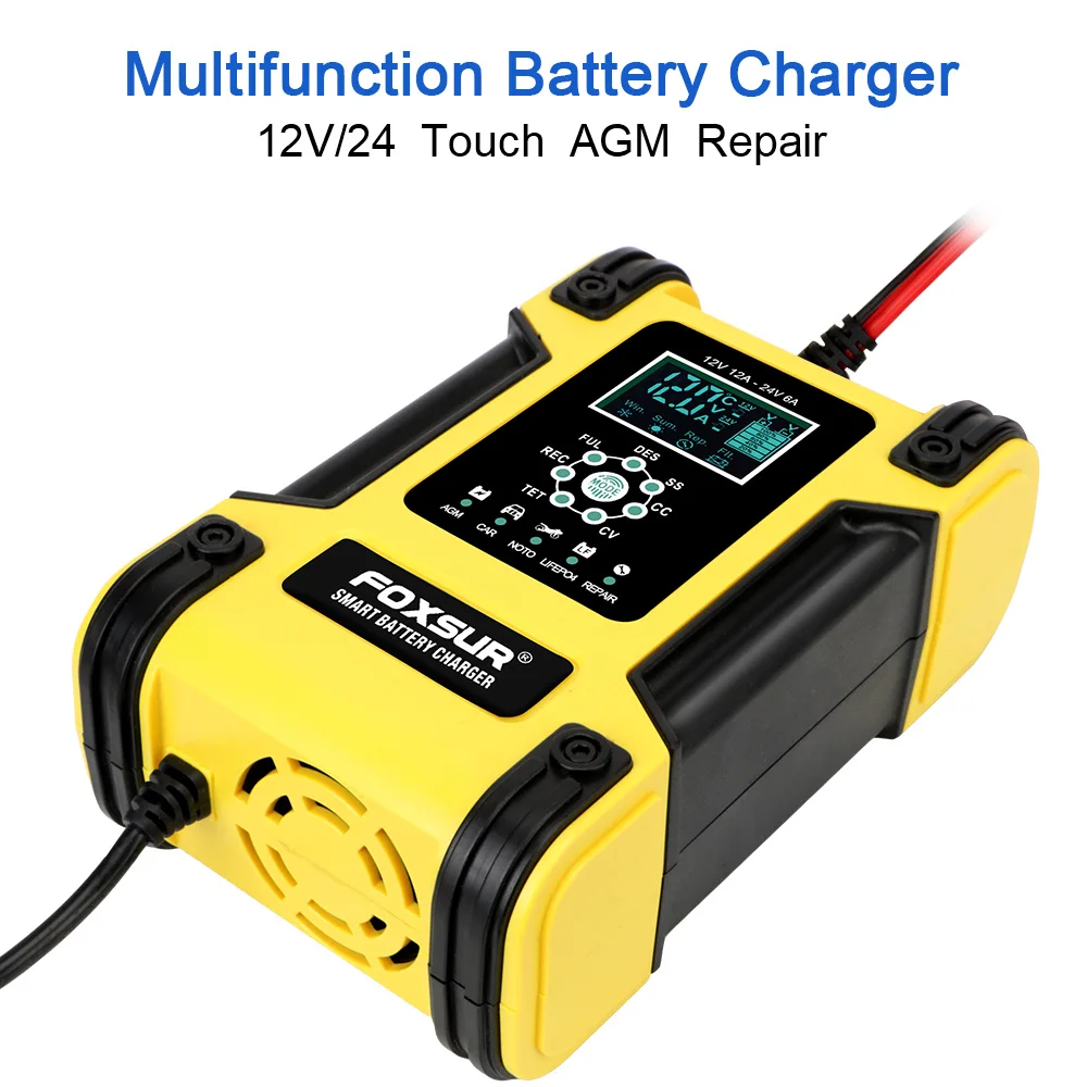 Motorcycle Car Battery Charger Digital LCD Display AGM Lead-acid Battery Charger 24V/6A 7 Stage 12V/12A Lithium Iron Battery