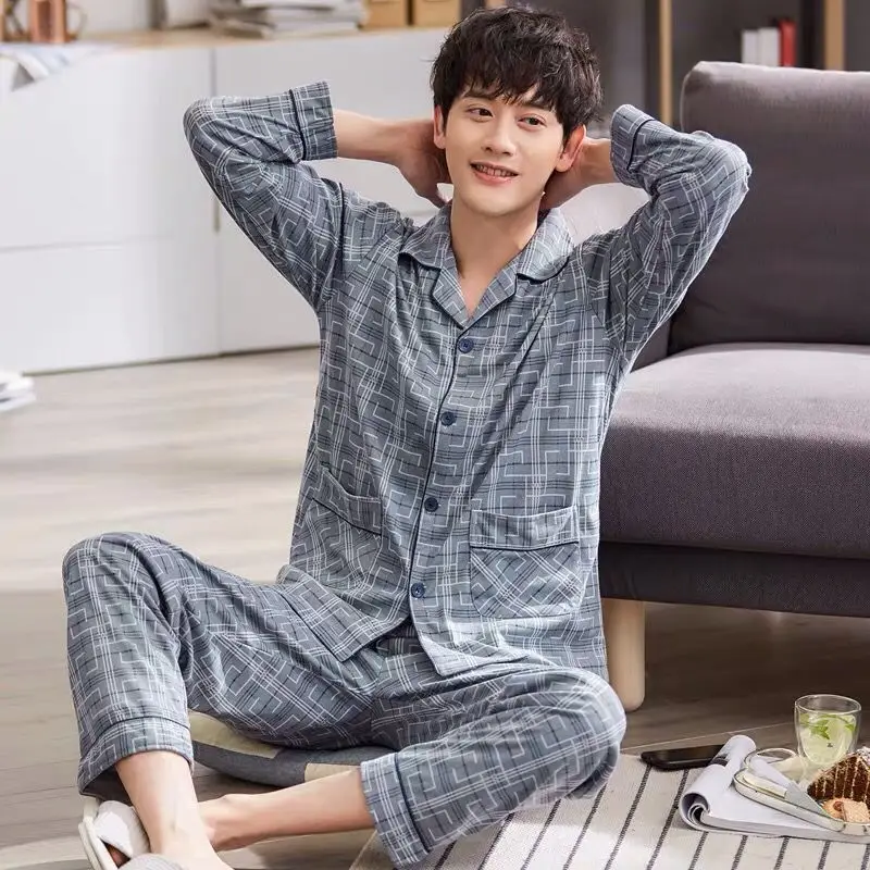 Men Sleepwear Pajamas Set for Men Casual Home Clothe Autumn Winter Nightwear Suit Full Sleeve Long Pants Striped Pyjamas Set