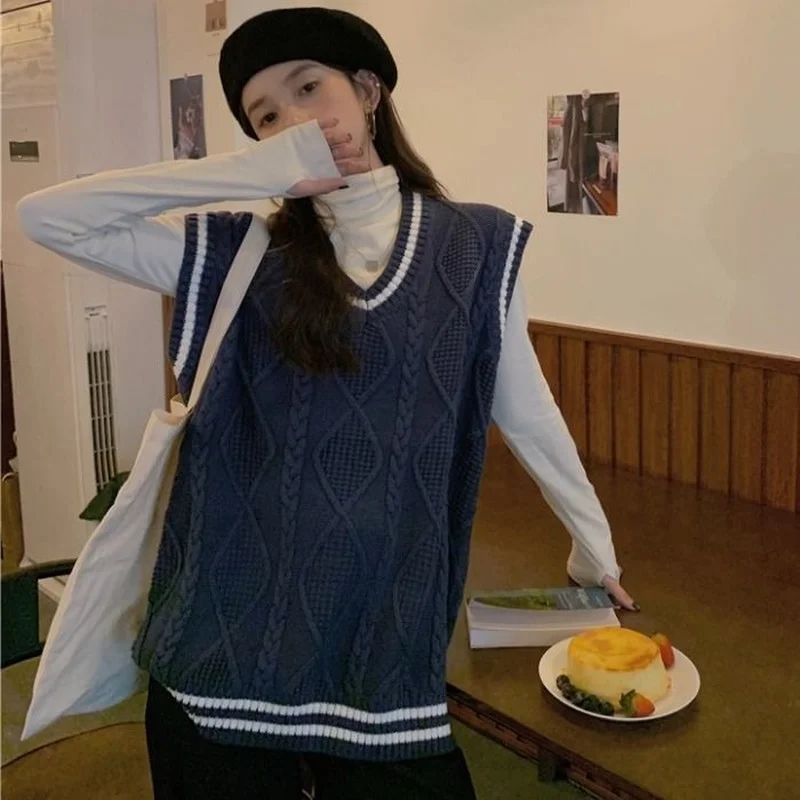 Maglione gilet donna scollo a V studenti larghi tutto-fiammifero college maglieria stile coreano casual vintage adolescenti streetwear semplice
