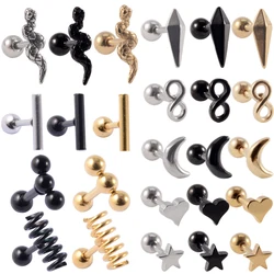 1Pair Surgical Steel Helix Cartilage Tragus Mini Stud Earrings Heart Star Moon Round Ball Snake Lobe Ear Piercing Jewelry 16G