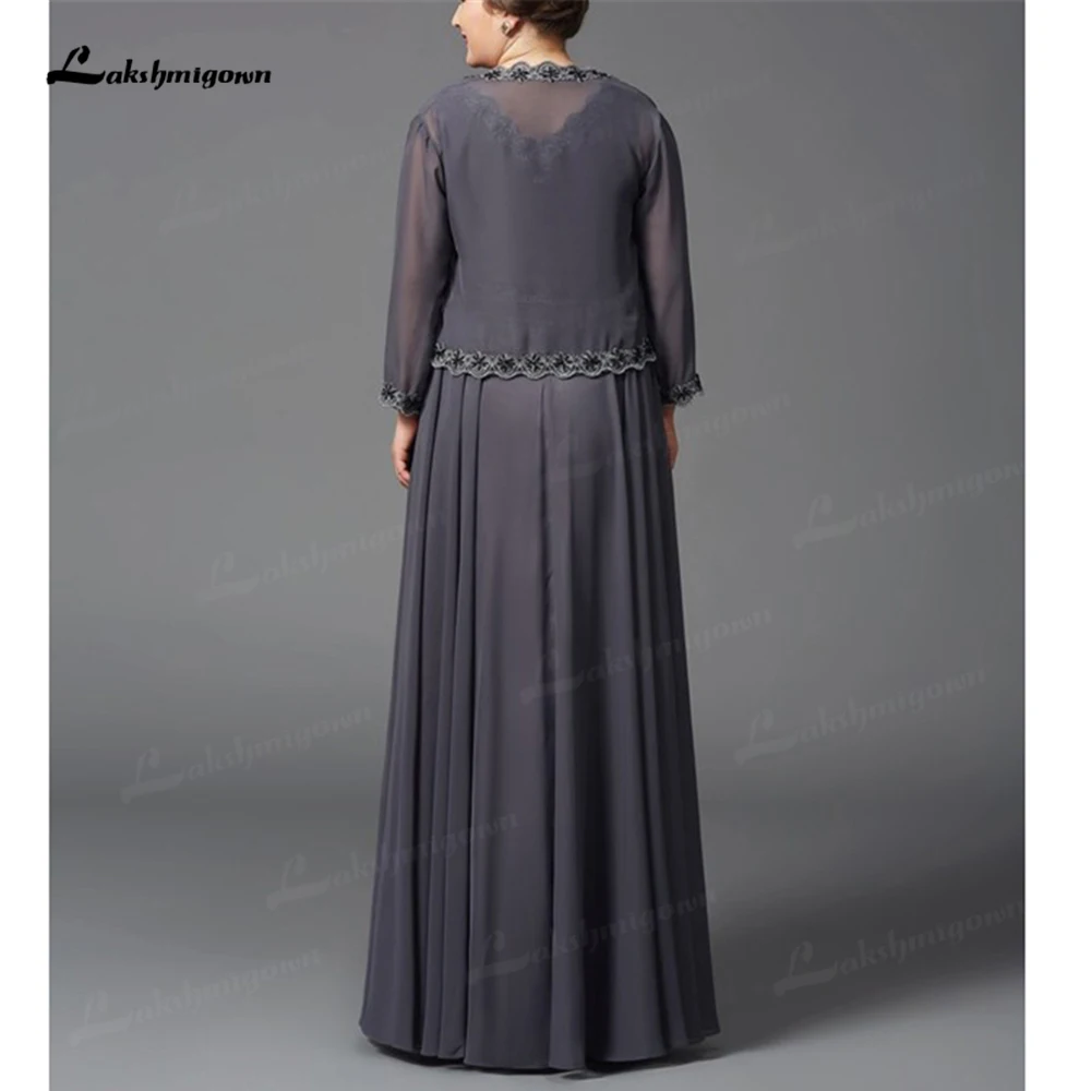 Charming Gray Chiffon Mother Of The Bride Dresses A-line V-Neck Beading Full-Length Dresses for weddings With Jacket