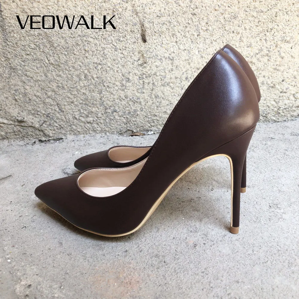 Veowalk Dark Brown Matte Women Stilettos High Heels Elegant OL Ladies Pointed Toe Pumps Italian Style Woman Slip on Dress Shoes