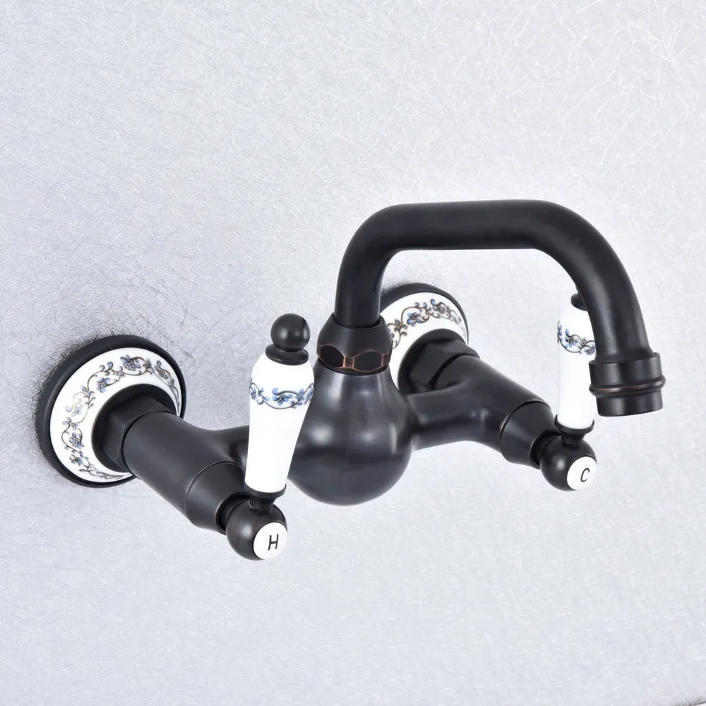 

Bathroom Black Bronze Faucet Wall Mounted Double Handle Swivel Spout Hot and Cold Mixer Faucet Nsf710