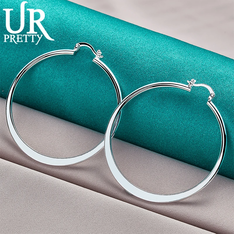 UPRETTY New 925 Sterling Silver 55mm Smooth Round Hoop Earring For Women Lady Party Wedding Engagement Charm Jewelry Gift