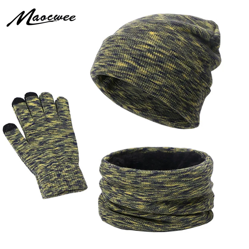 Winter Beanie Hats For Men Women Knitted Scarf Hat Gloves Set Male Female Hat Scarf Set Skullies Beanies Solid Color 3 Pcs Sets