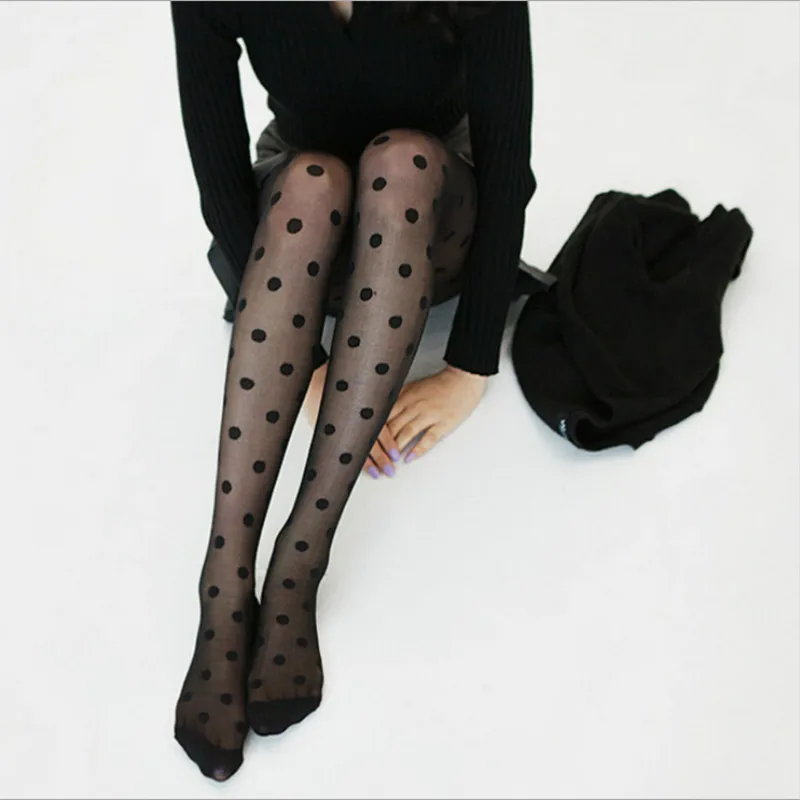 White Black Summer Women Tights Classic Polka Dot Silk  ladies Vintage Faux Tattoo Big Round Pantyhose Female Hosiery 40-55KG