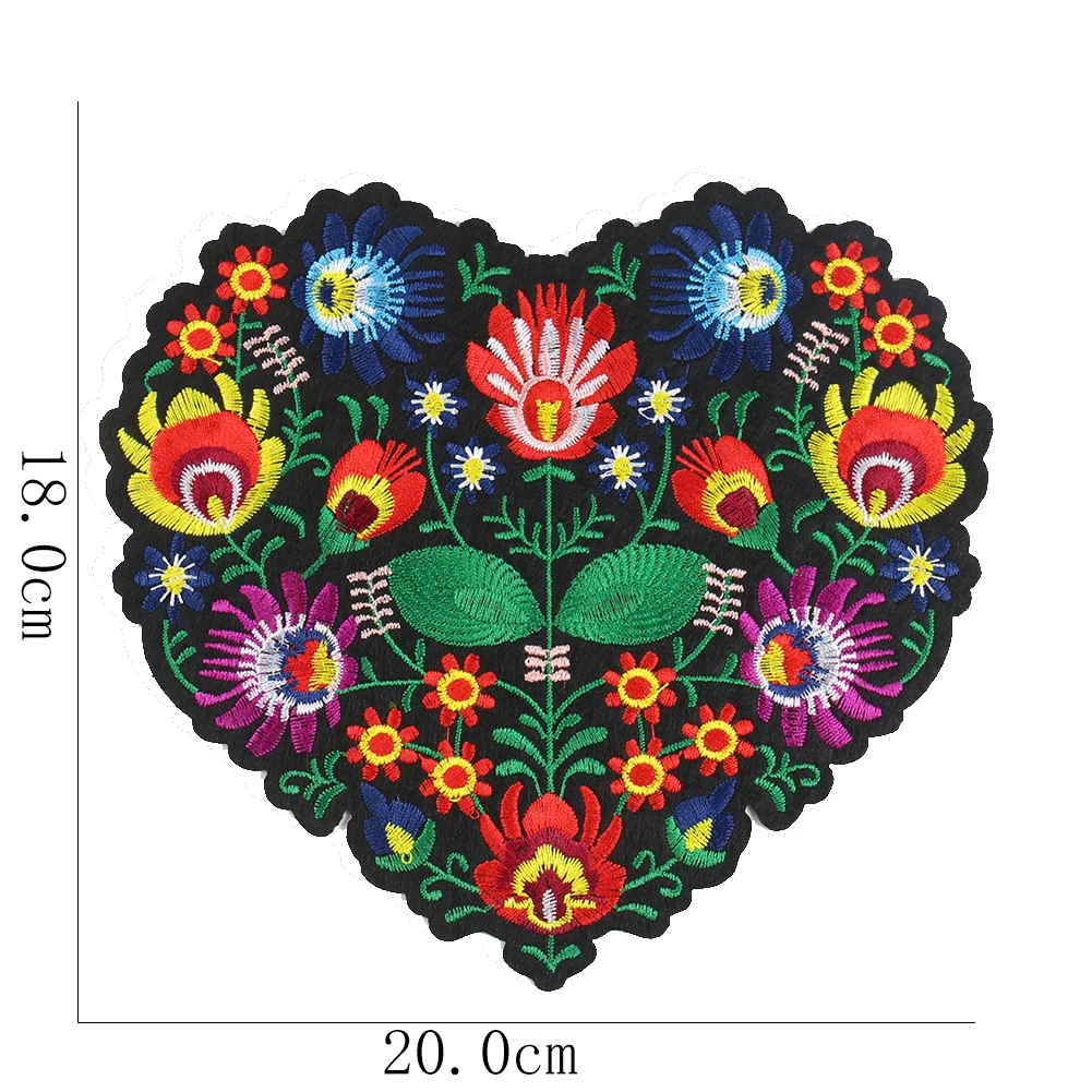 2PCS Large Heart Flower Patch 3D Embroidery Applique Iron on Patches for Clothing Accessories Ethnic DIY Apparel Sewing Supplies