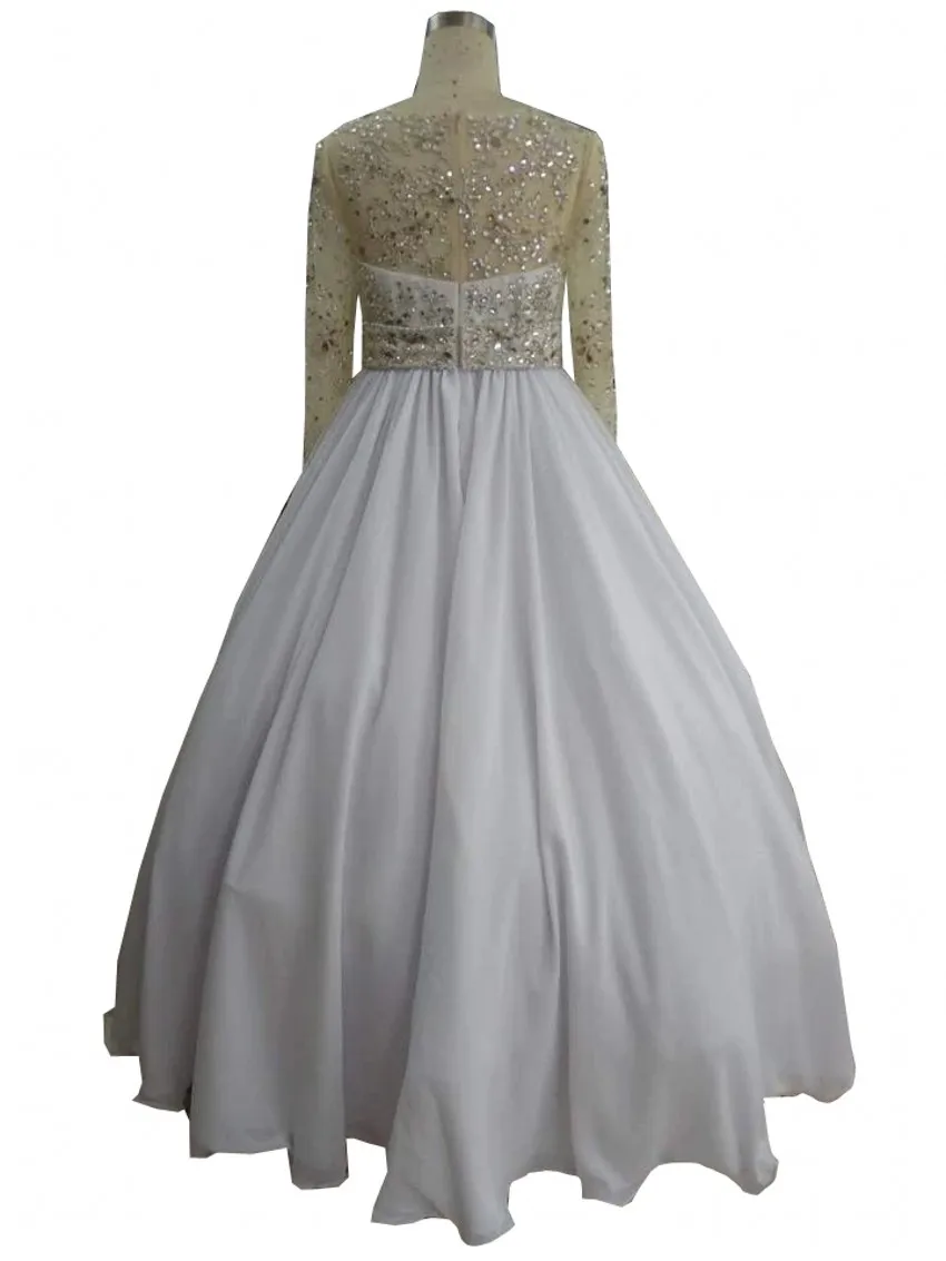 New Arrical Long Sleeves Illusion White Girl's Pageant First Holy Communion Dresses Hollow Back A line Chiffon  Cheap