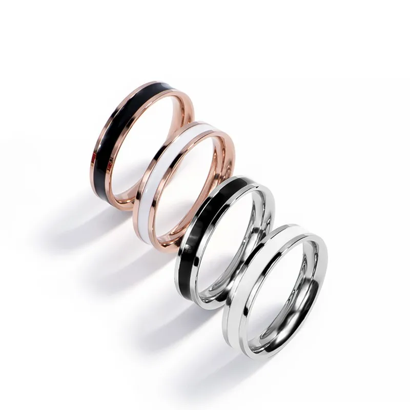 4mm Stainless Steel Black/White Enamel Wedding Band Ring for Women Girl Size 3-10