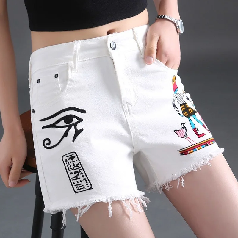 

Printing Fashion White Denim Shorts Women Stretch Loose Tassel Casual Shorts 2022 Summer Street Zipper Pocket Cowgirl Shorts