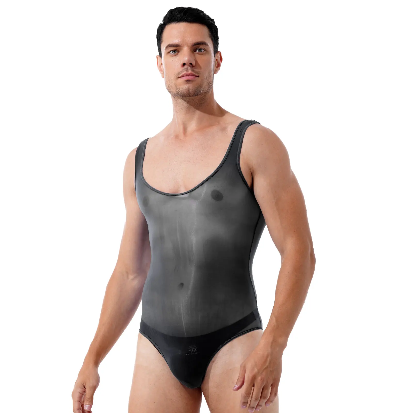 Breathable Men Lingerie Bodysuit Sleepwear Glossy Scoop Neck Sleeveless Underwear See-through Leotard Party Honeymoon Clothing