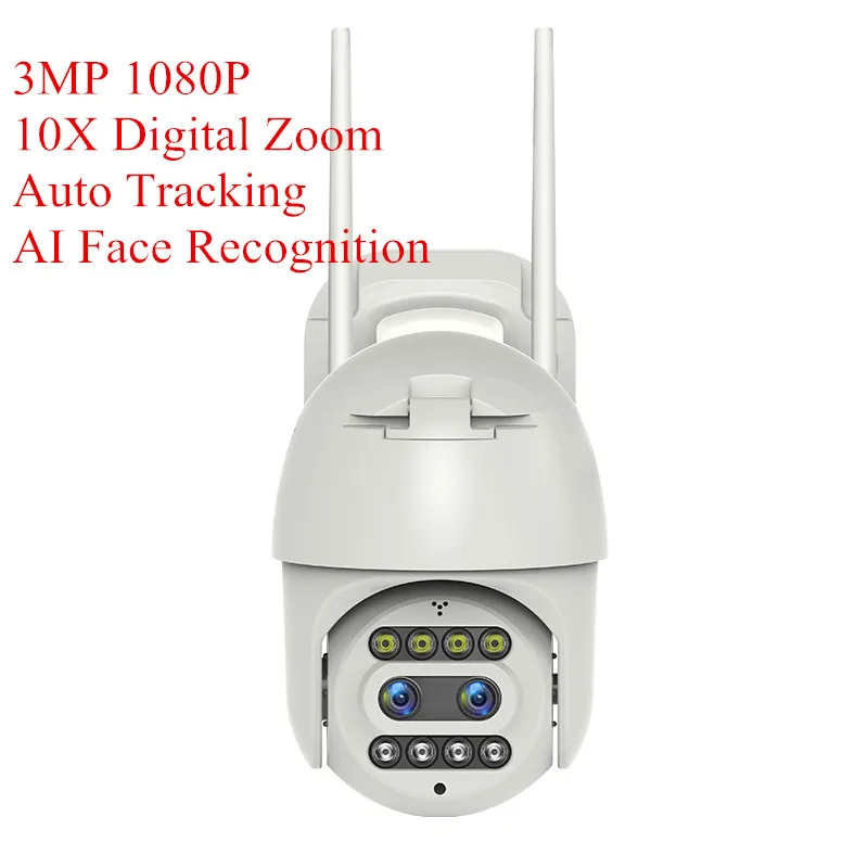 3MP 1080P Dual Lens 10X Digital Zoom Wireless PTZ IP Camera Intercom AI Face Auto Tracking Home Security CCTV Monitor