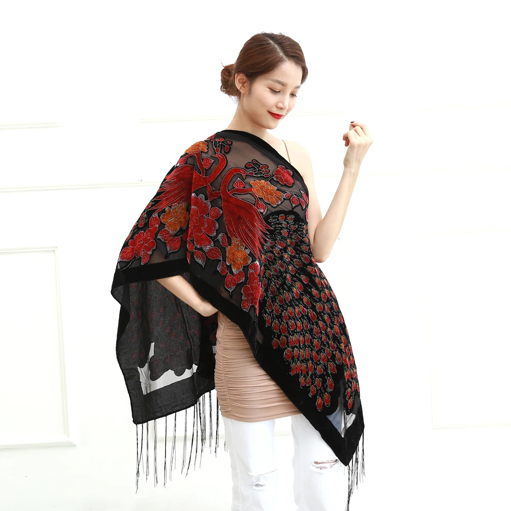 Vintage Peacock Scarf Women Burnout Velvet Scarfs Shawl Winter Quality Ponchos For Ladys Daily Wear Party Accessory