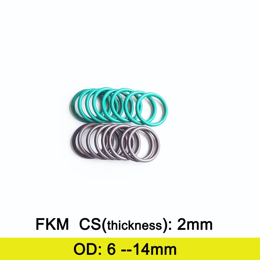 FKM Rubber O Ring Gasket C/S 2mm Thickness OD 6/6.5/7/7.5/8/8.5/9/9.5/10/10.5/11/12/13/14mm Fluolrine Rubber Seal  Ring Washer