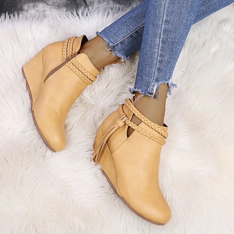 Retro Women Platform Boots Tassel Wedges Boots Women Zipper Solid Color Short Booties Round Toe Shoes for Women Zapatos De Mujer