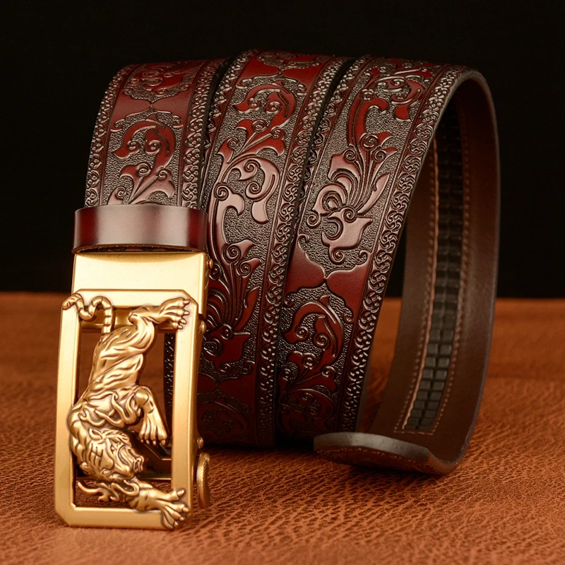 New Arrivel Tigger Buckle with Tang Grass Pattern Leather Belt for Men Work of Art Belt Automatic Buckle