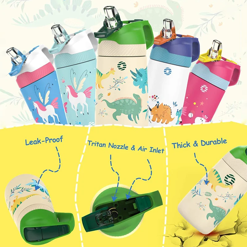 FJbottle Kids Water Bottle,Vacuum Flacks,Thermos With Cute Dinosaur Pattern,Vacuum Bottle With Healthy Straw And BPA Free,350ML