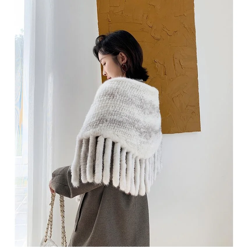 New Fashion Women Genuine Real Mink Fur Shawl Scarf with Tassle Gray Cape Lady Elegant Wraps Dropshipping