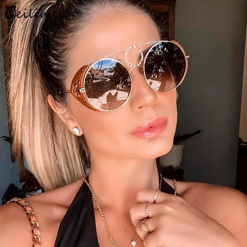 

2024 New Luxury Brand Leather Frame Round Sunglasses Women Steampunk Alloy Rivet Sun Glasses High Quality Oversize Mirror Shades