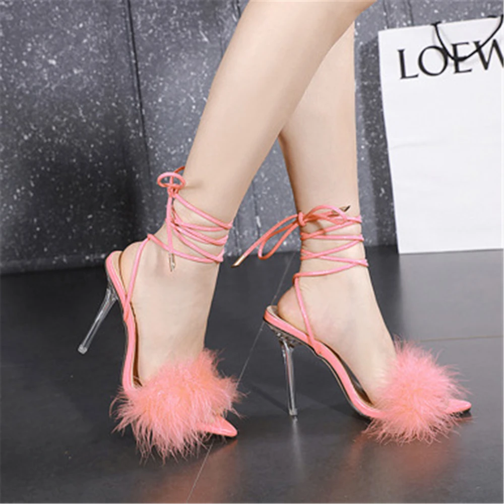 Summer New 2024 Women Sandals Ankle Strap Novelty Fur Thin Heels Lace-Up Party Pointed Toe Rome Shoes 35~41 White Black Yellow