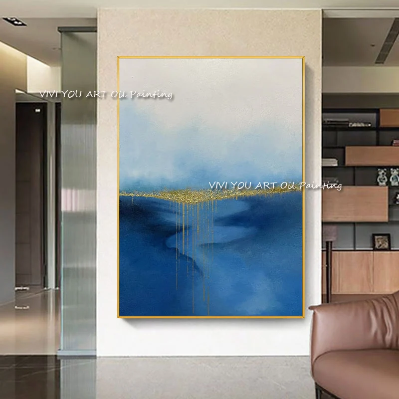 Gilded Ocean Wall Accent, Flowing Blue Tones With Dripping Gold Foil, Hand‑Made Palette‑Knife Art For Calm Luxury Interior