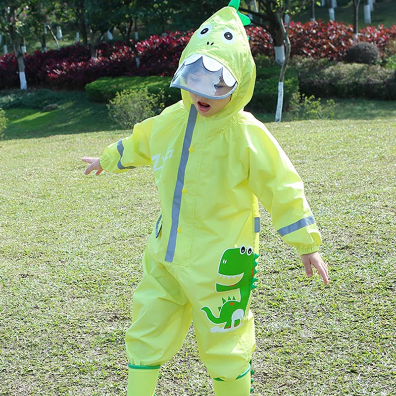 1-10 Years Old Kids Jumpsuit Waterproof Baby One-Piece Cartoon Dinosaur Raincoat Children Rainwear And Rain-proof Pants Set