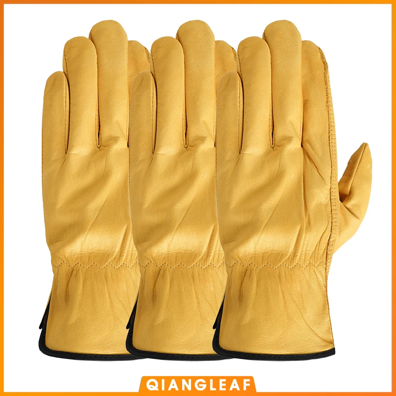 

QIANGLEAF 3pcs Working Driving Thick Cowhide Leather Protection Safety Gloves Yellow Warm Anti-slip Wear-resistant Glove H93