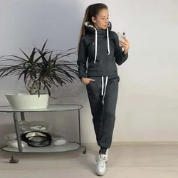 Fashion Sportswear Women 2 Pcs Casual Solid Hooded Long Sleeve Sport Tops+Long Pants Set Sport Winter Running suit