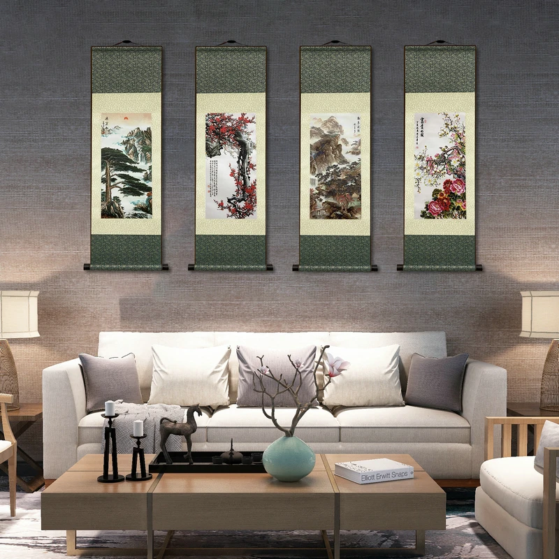 Chinese Style Ink Silk Scroll Painting Silk Reel Rolling Wall Hanging Art for Wall Picture Decoration (39 in x 12 in)