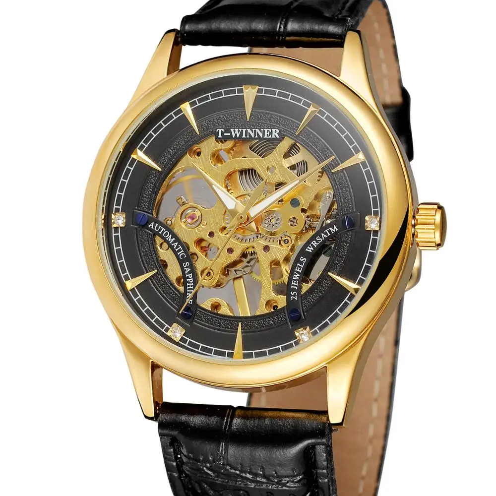 WINNER WATCH Fashion Men\'s Watch Golden Hollow Design Black Dial and Strap Automatic Mechanical Watch Festival Gift