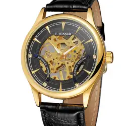 WINNER WATCH Fashion Men's Watch Golden Hollow Design Black Dial and Strap Automatic Mechanical Watch Festival Gift