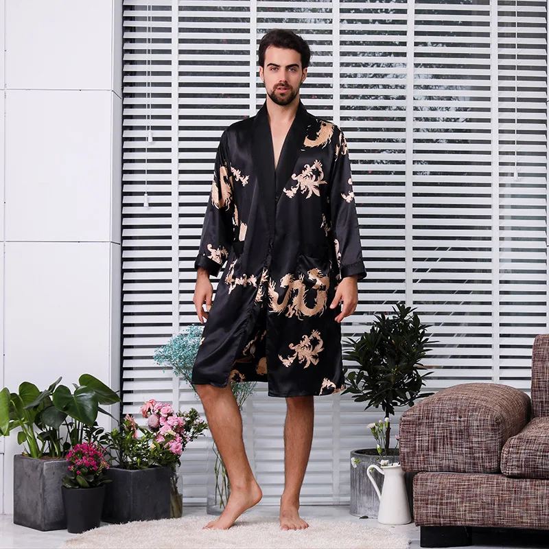 Kimono Mannen 5XL 4XL Thuis Zijde Badjas Soft Cozy Lange Mouwen Bad Gown Gedrukt Draak Gewaden V-hals Satijn Nachtkleding nachtjapon