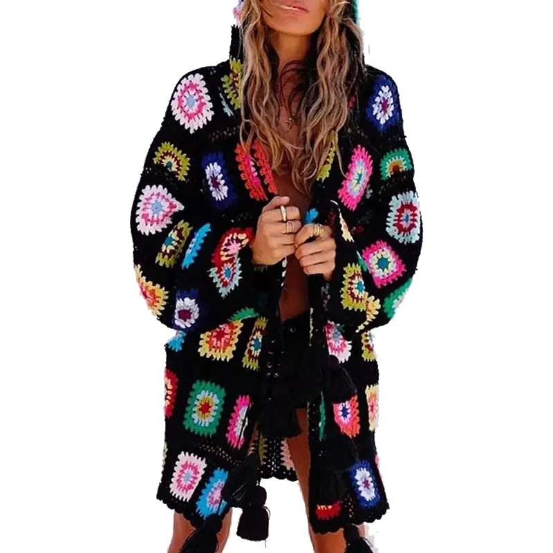 TEELYNN Hand-knit Sweater Cardigan Women Coat Vintate Black Ethnic Floral Autumn Boho Hooded Tassel Hollow Hippie Outer Wear