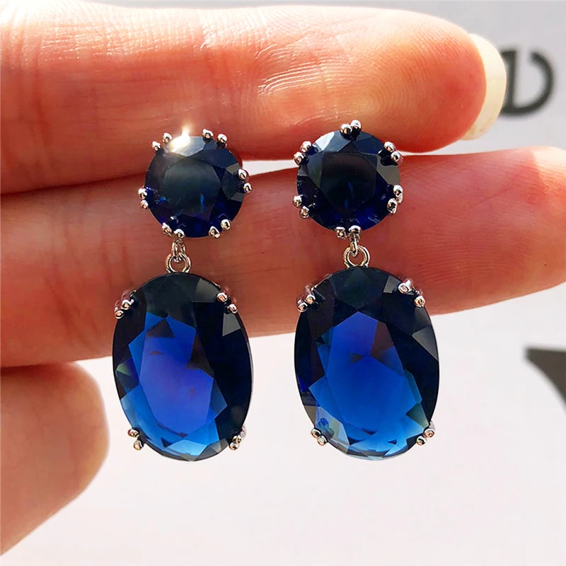 New Fashion Big Zircon Earrings Ladies Elegant Simple Earrings Blue Red Pendant Earrings Popular Jewelry