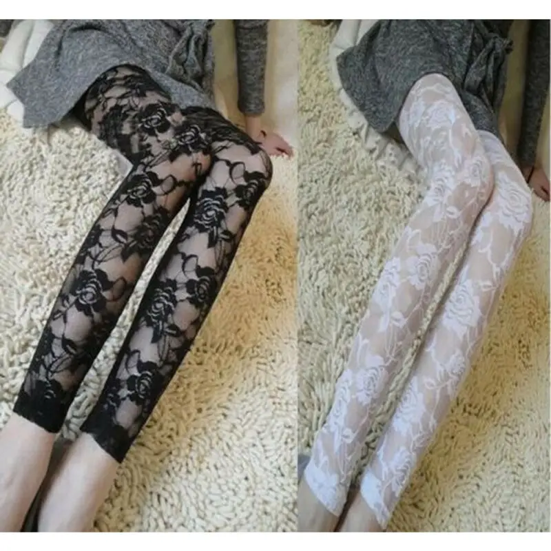 Mallas ajustadas con estampado Vintage de encaje negro para mujer, Leggings sexys de longitud completa, pantalones elásticos de cintura alta