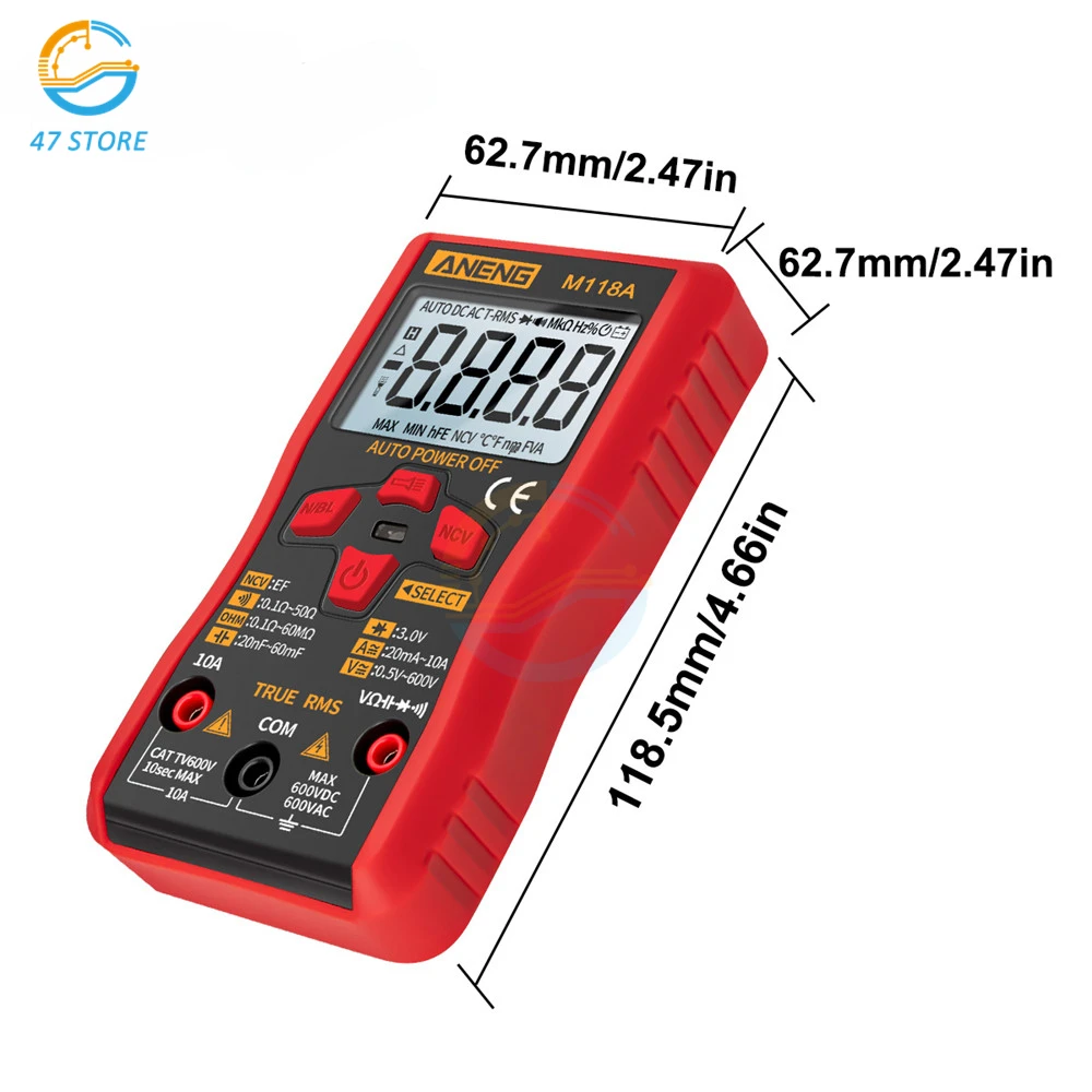 M118A Digital Multimeter AC/DC True RMS Volt Amp Ohm Voltage Resistance Universal Meter Testers Automatic Range LCD Backlight