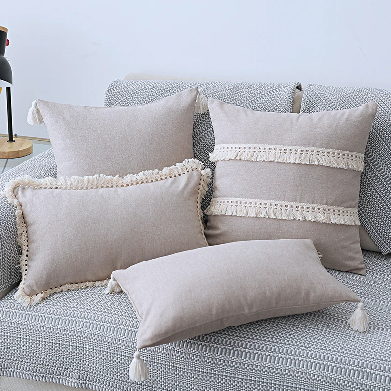 Bawełniana lniana poszewka na poduszkę 30x5 0cm/45x45cm poszewka na poduszkę beżowy szary niebieski żółty styl Boho Tassles na sofę BedHome dekoracyjne