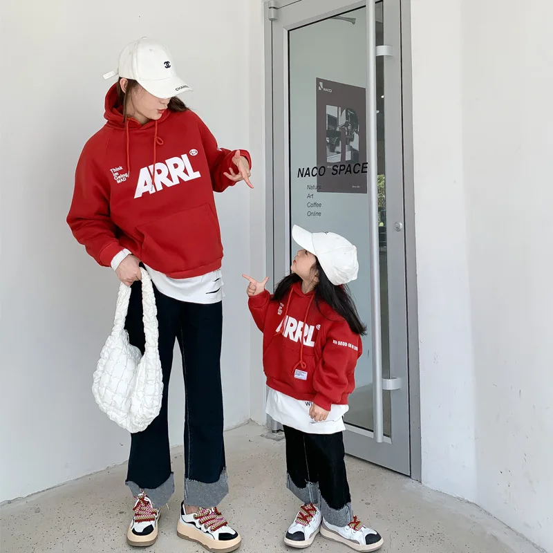 Parent-child Sweater Korean Men, Women and Children Red Letter Hooded Sweater with Velvet Thickening family outfit matching