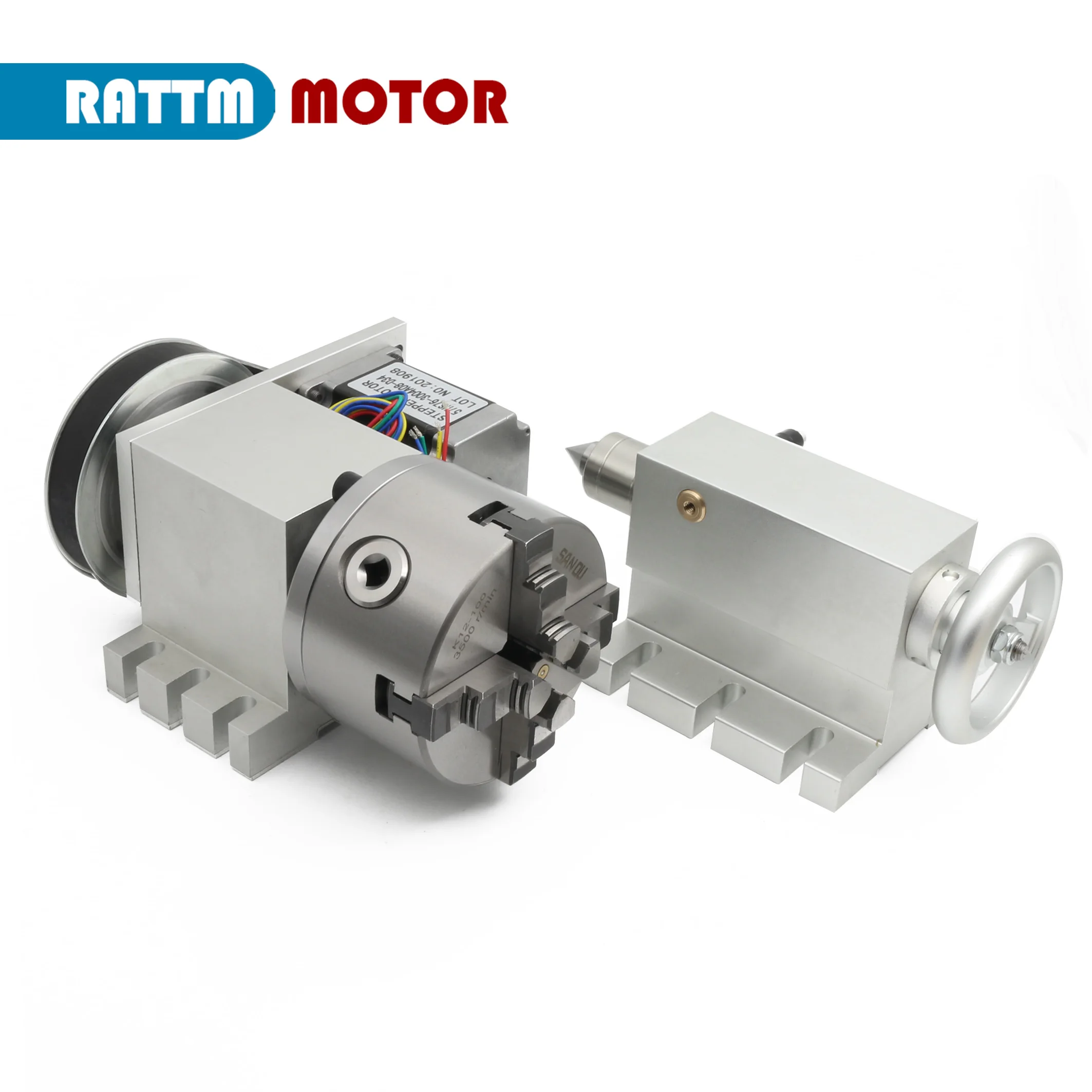 【EU Stock】K12-100mm 4 Jaw Chuck 4th Axis Reducing ratio: 6:1+Tailstock Dividing Head Rotation Axis with 57 Stepper Motor Driver