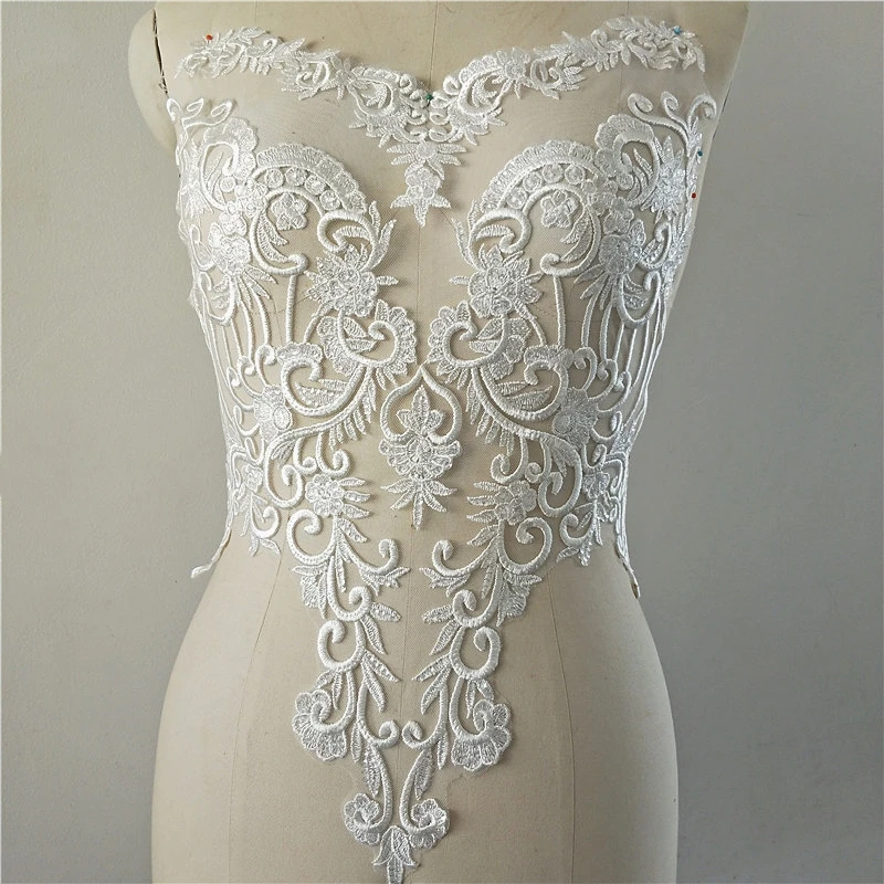 1Pc Long Clear Sequins Ivory Embroidery Body Lace Flower Patch Wedding Evening Dress Decorative Material Accessory