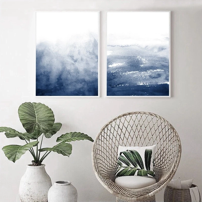 Blue Watercolor Abstract Painting Indigo Wall Pictures Ocean Coastal Wall Art Canvas Print Nordic Posters Living Room Wall Decor
