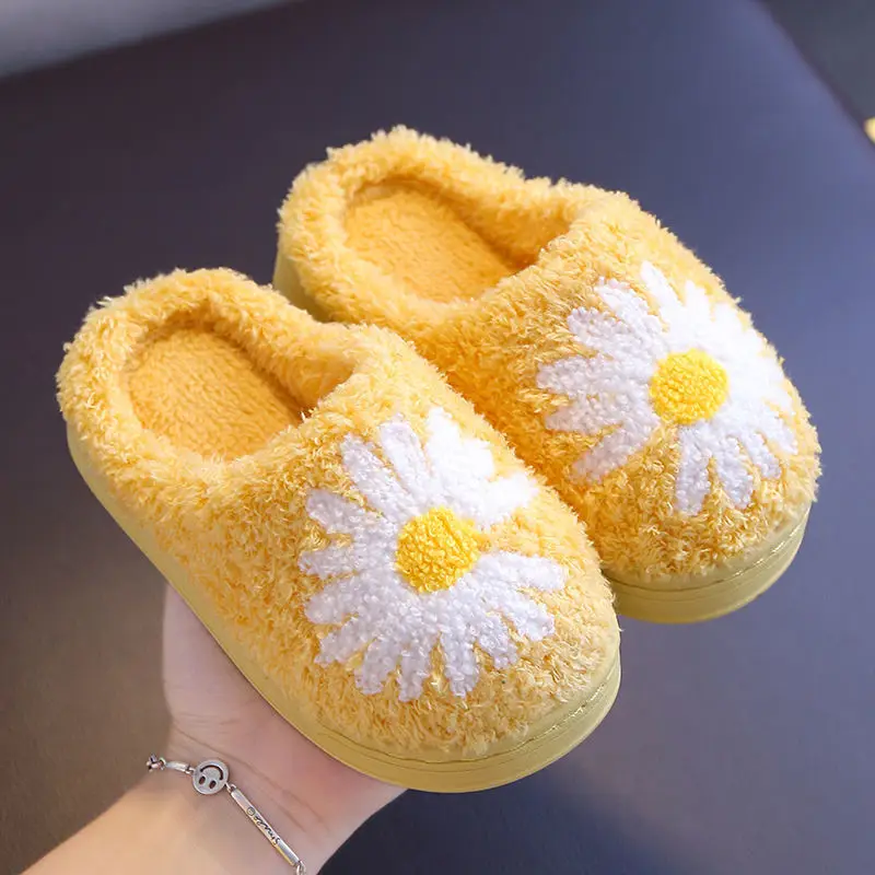 Daisy Children Furry Slippers Autumn Winter Warm Home Indoor Cotton Fluffy Slippers Comfort Non-Slip Boys Girls Toddler Shoes