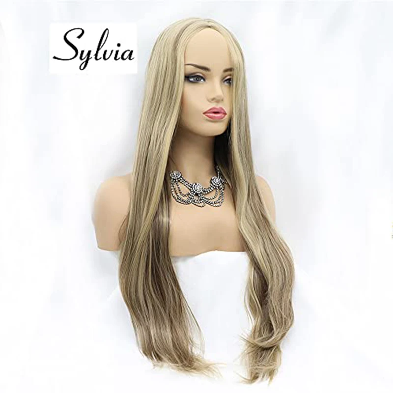 Long Synthetic Mixed Ombre Brown Blonde Silky Straight Full Made-Machine Non Lace Front Wigs For Black Women Hair Replacement