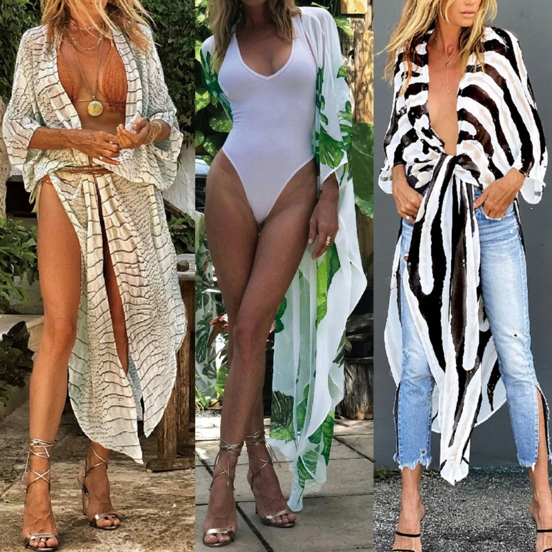 Women Summer Boho Flowy Kimono Cardigan Leaves Zebra Snakeskin 3D Print Bikini Swimsuit Cover Up Open Front Chiffon Beach M6CD