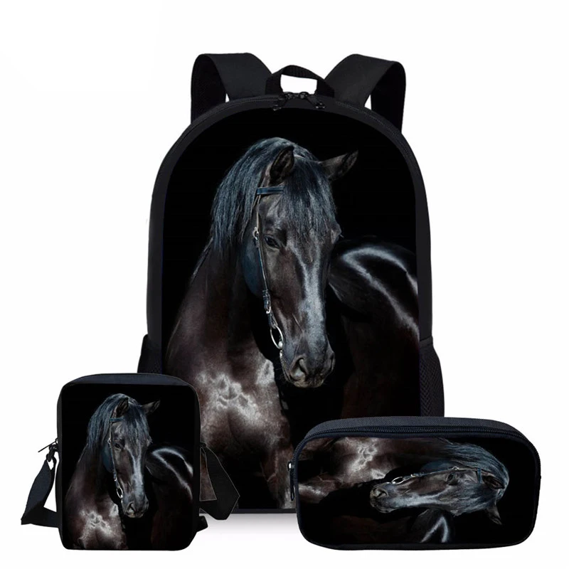 2025 3PCS/SET Black Horse 3D Print Kids Backpacks Women's Mochila School Bags Set for Travel Bagpack Backpack for Girls Boys