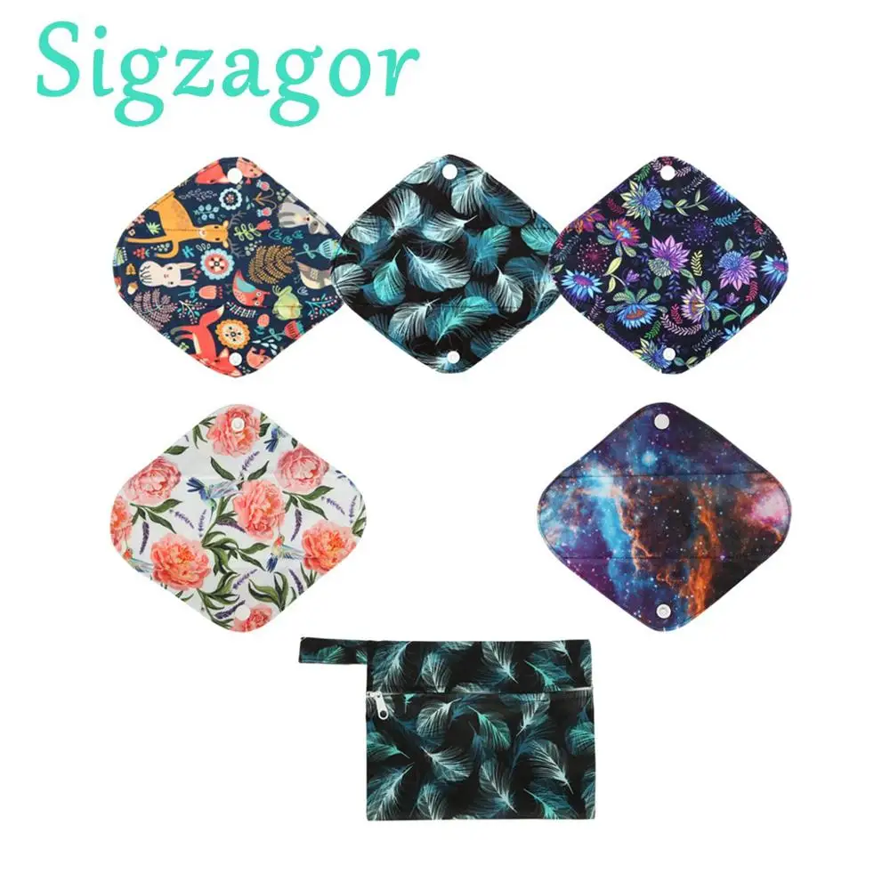 

[Sigzagor] 5 + 1 комплект, маленькие вкладыши для трусиков, тканевые менструальные прокладки RANDOM, принты, бамбуковый уголь, гигиенические, моющиеся, многоразовые