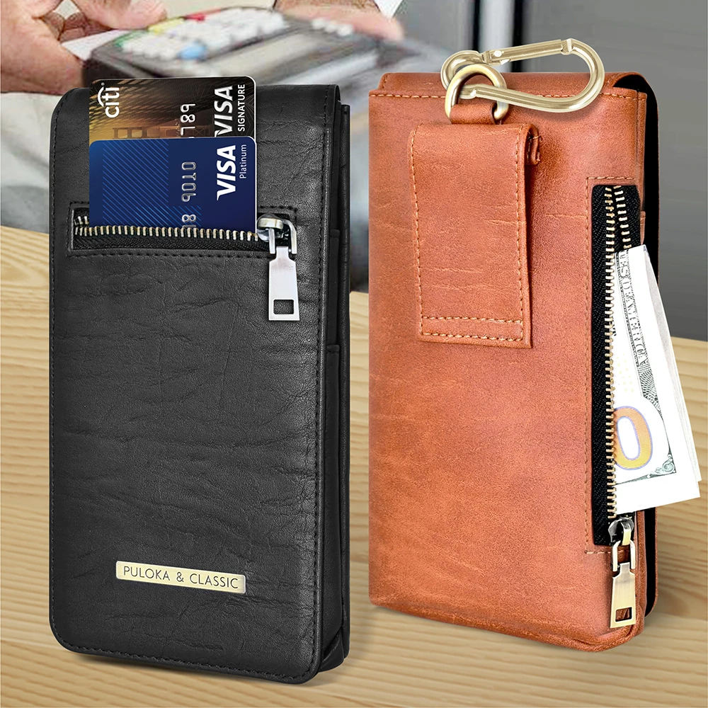 VIETAO-Black Waist Wallet for Mobile Phone, Leather Bag for iPhone 14 Pro Max Case, Puloka Zipper Clip Belt, Cellphone Pouch Bag