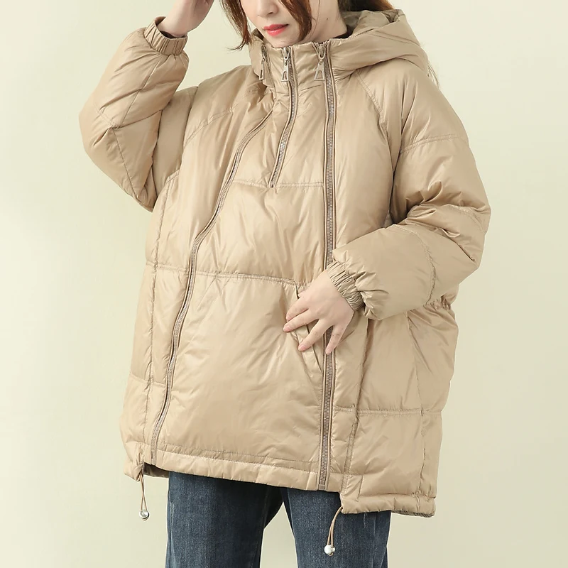 2024 New Winter Women Hooded White Duck Down Jacket Female SolidHooded Down Loose Zippers Jackets Lady Warm Snow Coat